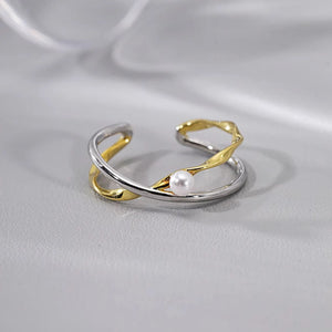 925 Silver Open Finger Ring Golden Cross Line Pearl Punk Geometric Stackable