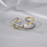 925 Silver Open Finger Ring Golden Cross Line Pearl Punk Geometric Stackable