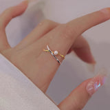 925 Silver Open Finger Ring Golden Cross Line Pearl Punk Geometric Stackable