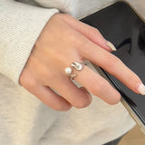 925 Silver Open Finger Ring MultiLayer Pearl Punk Geometric Stackable