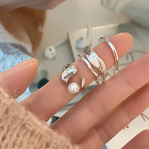 925 Silver Open Finger Ring MultiLayer Pearl Punk Geometric Stackable