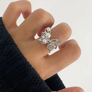 925 Silver Open Finger Ring Pearl Butterfly Punk Geometric Stackable Asymmetric