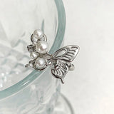 925 Silver Open Finger Ring Pearl Butterfly Punk Geometric Stackable Asymmetric