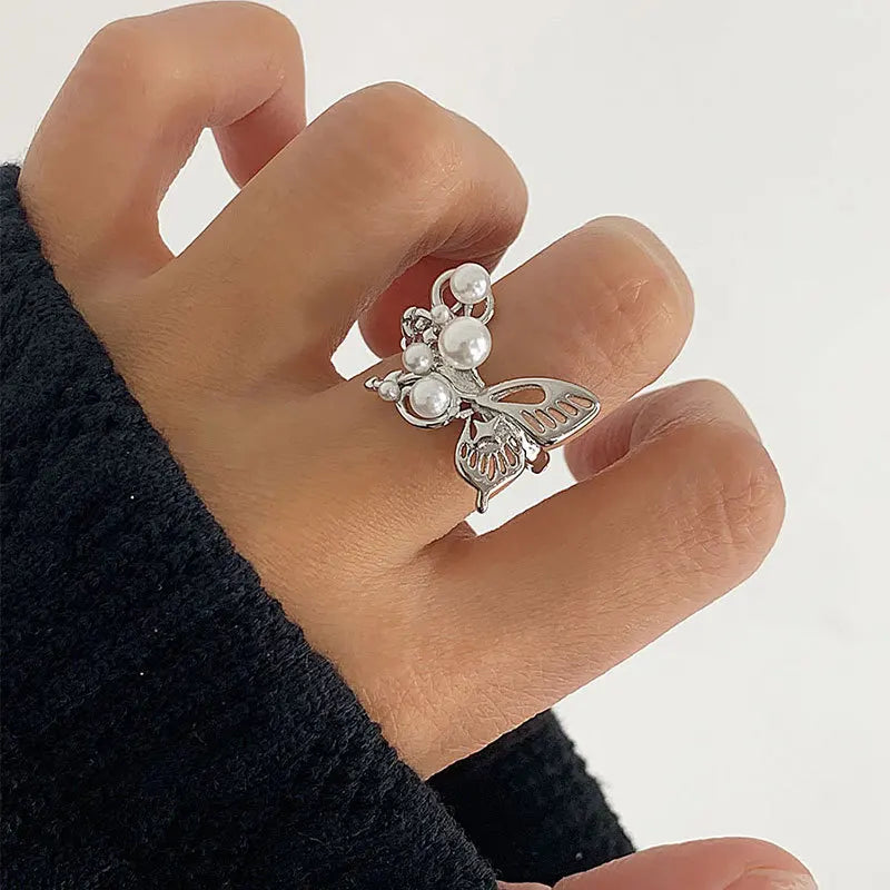 925 Silver Open Finger Ring Pearl Butterfly Punk Geometric Stackable Asymmetric