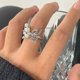 925 Silver Open Finger Ring Pearl Butterfly Punk Geometric Stackable Asymmetric