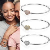 925 Silver Pan Bracelet Heart Crystal Cz Button Fit European Charm Bracelets