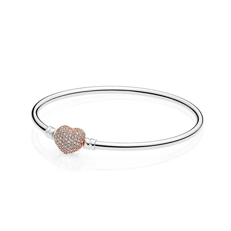 925 Silver Pan Bracelet Heart Crystal Cz Button Fit European Charm Bracelets
