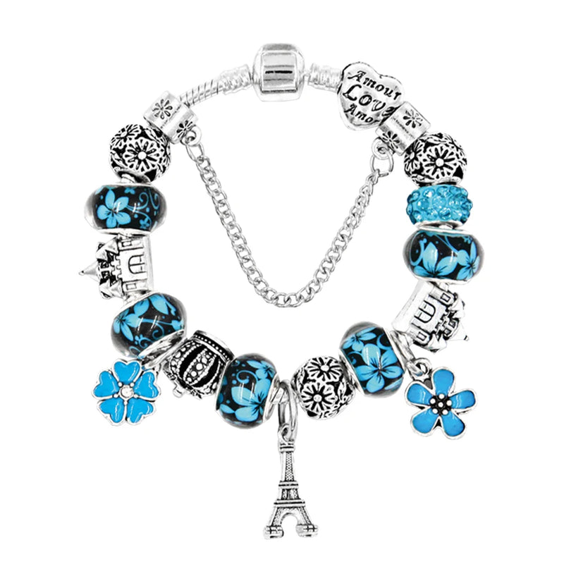 925 Silver Paris Eiffel Tower Lucky Bracelet Set with Safety Chain