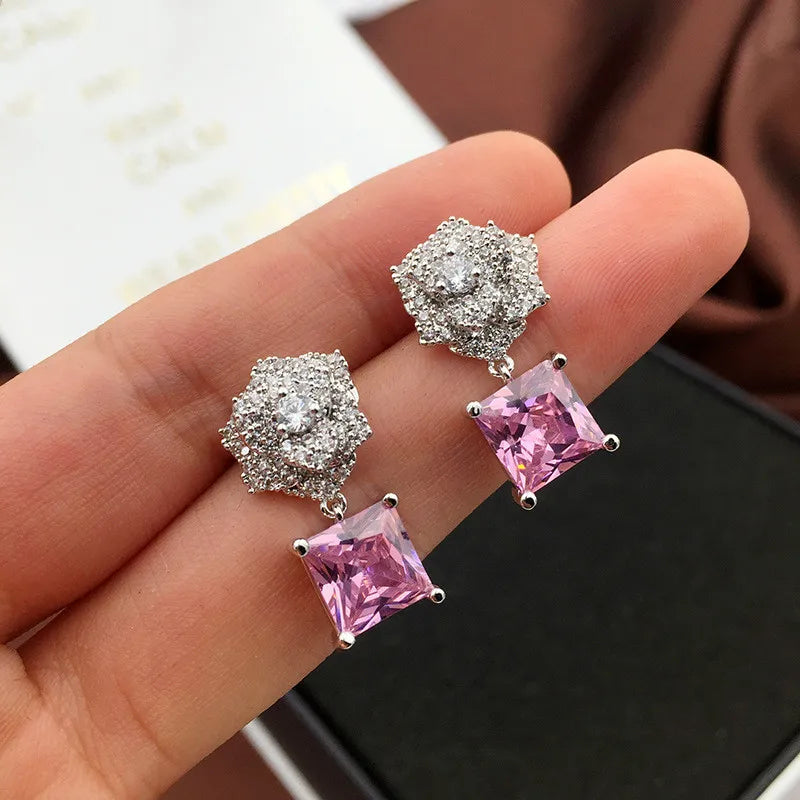 925 Silver Rose Camellia Earrings Pink Crystal Zircon