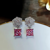 925 Silver Rose Camellia Earrings Pink Crystal Zircon