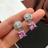 925 Silver Rose Camellia Earrings Pink Crystal Zircon