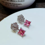 925 Silver Rose Camellia Earrings Pink Crystal Zircon