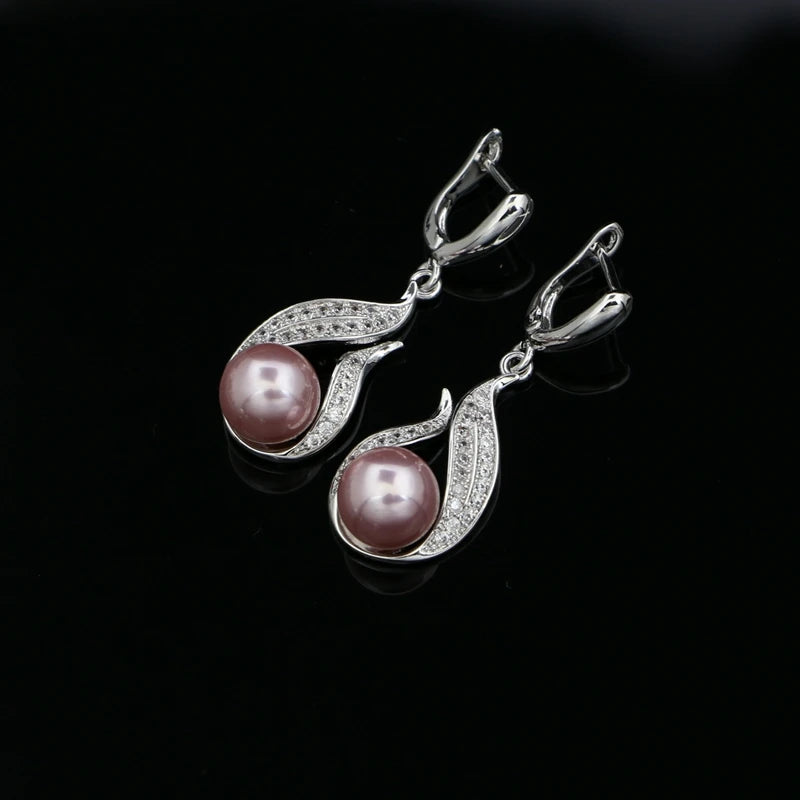 925 Silver Pearl Earrings White/Pink/Blue/Grey CZ Wedding