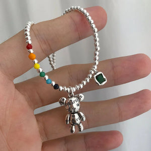 Bear Charm Necklace 925 Silver Plated Colorful Round Bead Pendant