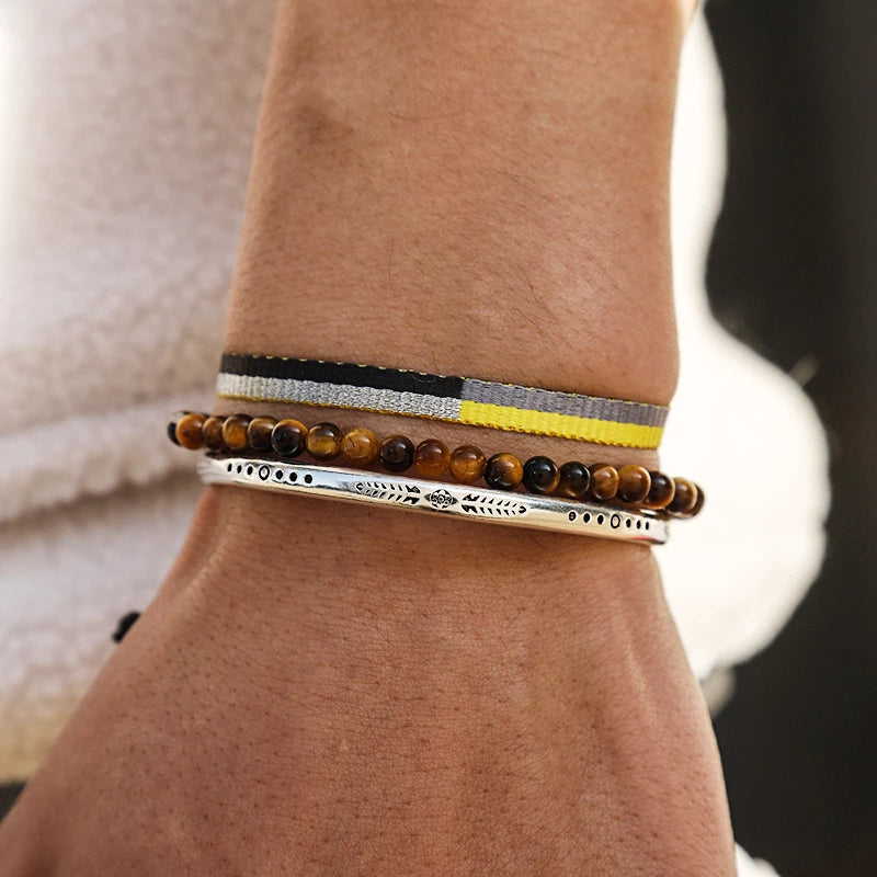 925 Silver Open Cuff & Tiger Eye Bracelet Set