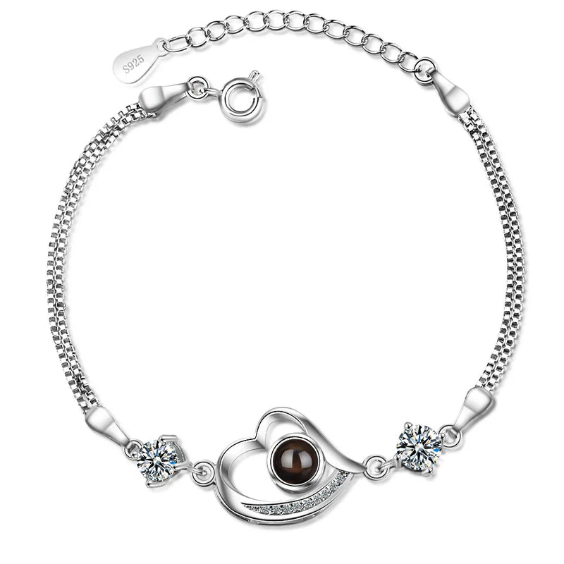 925 Silver Projection Photo Heart Bracelets Couples Memorial Jewelry