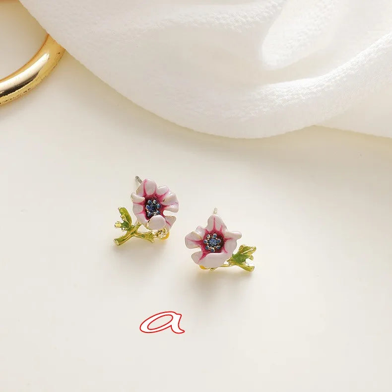 925 Silver Purple Flower Earrings French Enamel Glaze Daisy Flower Earrings