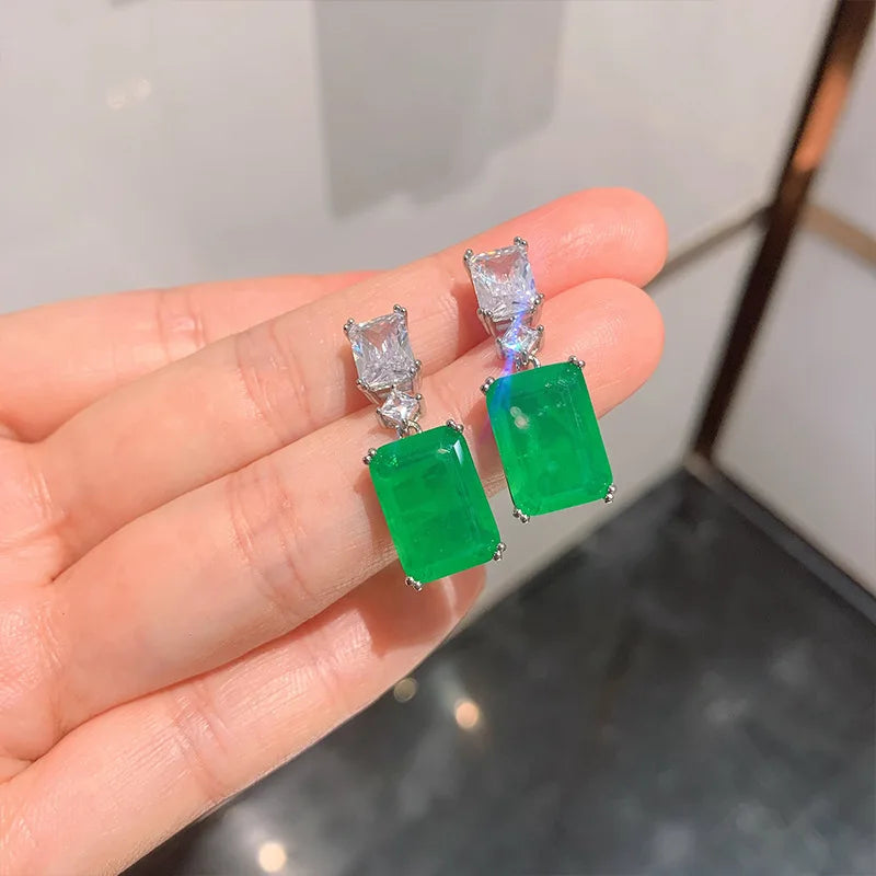 925 Silver Rectangle Dangle Earrings with Paraiba Emerald Tourmaline Stone