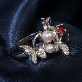 925 Silver Bow Zircon Pearl Fairy Ring Wedding Jewelry