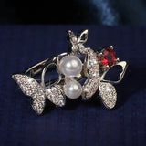 925 Silver Bow Zircon Pearl Fairy Ring Wedding Jewelry