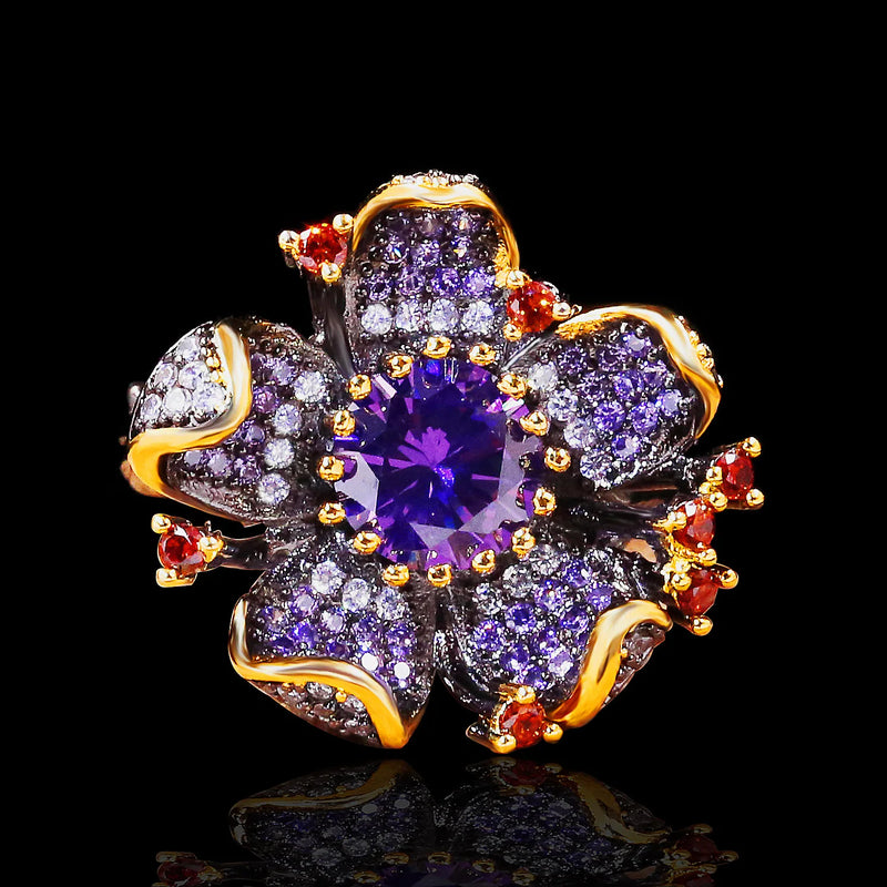 925 Silver Flower Women's Ring Purple Zircon Jewelry