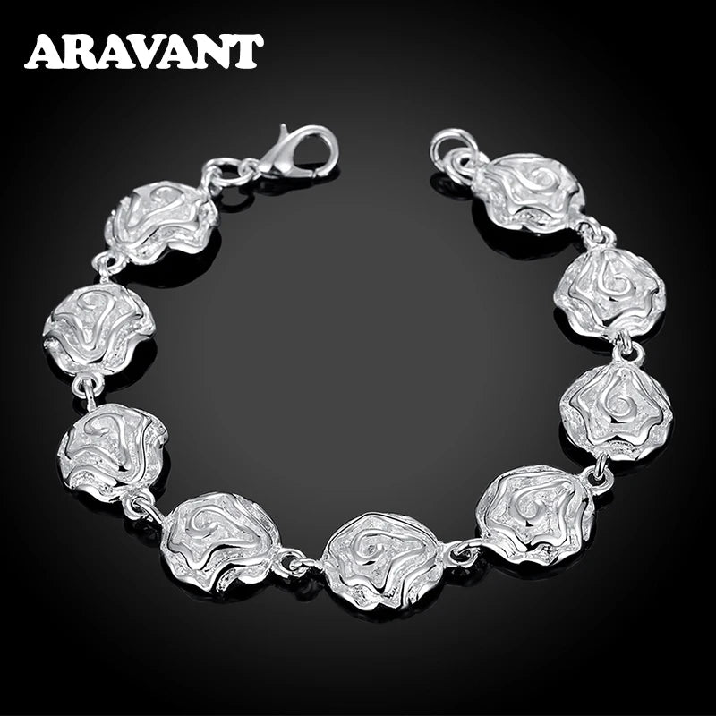 925 Silver Rose Flower Charm Bracelet Wedding Jewelry