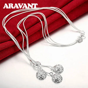 925 Silver Rose Flowers Pendants Necklaces Chain Wedding Jewelry