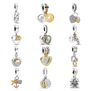 925 Silver Golden Heart Charm Beads Bracelet Women Jewelry Mom Love Pendant