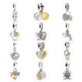 925 Silver Golden Heart Charm Beads Bracelet Women Jewelry Mom Love Pendant