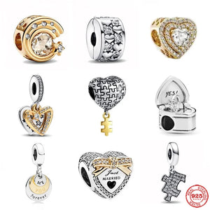 925 Silver Golden Stars Heart Charm Bead Women Jewelry