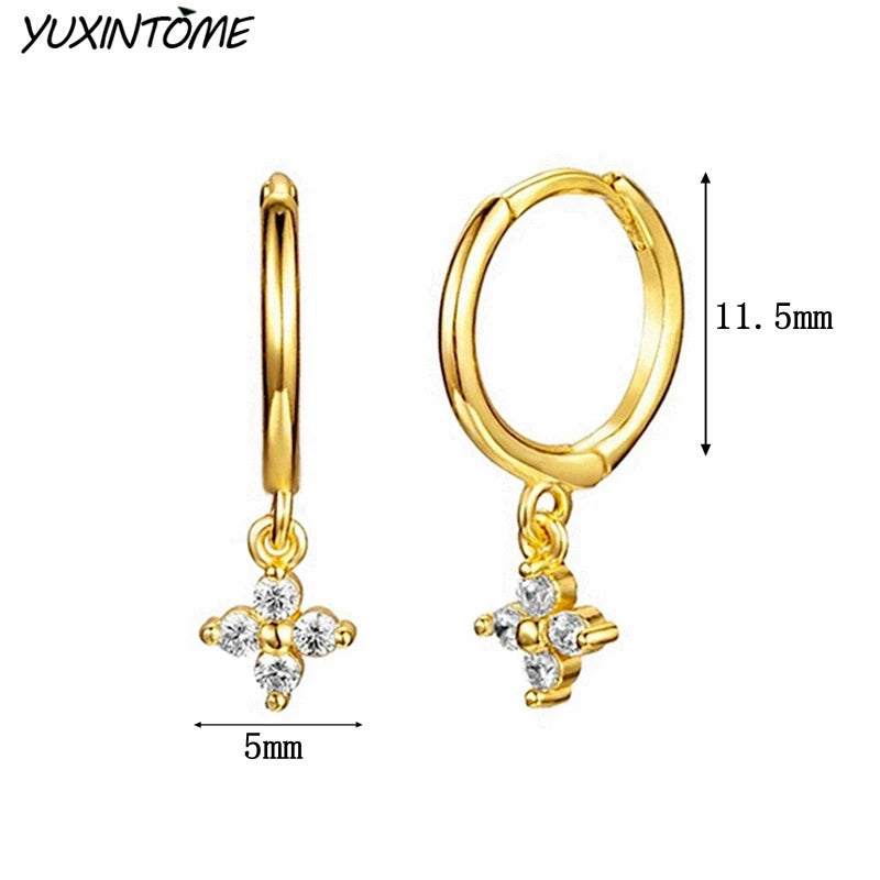 925 Silver Small Hoop Earrings Four Leaf Grass Butterfly Wedding Jewelry