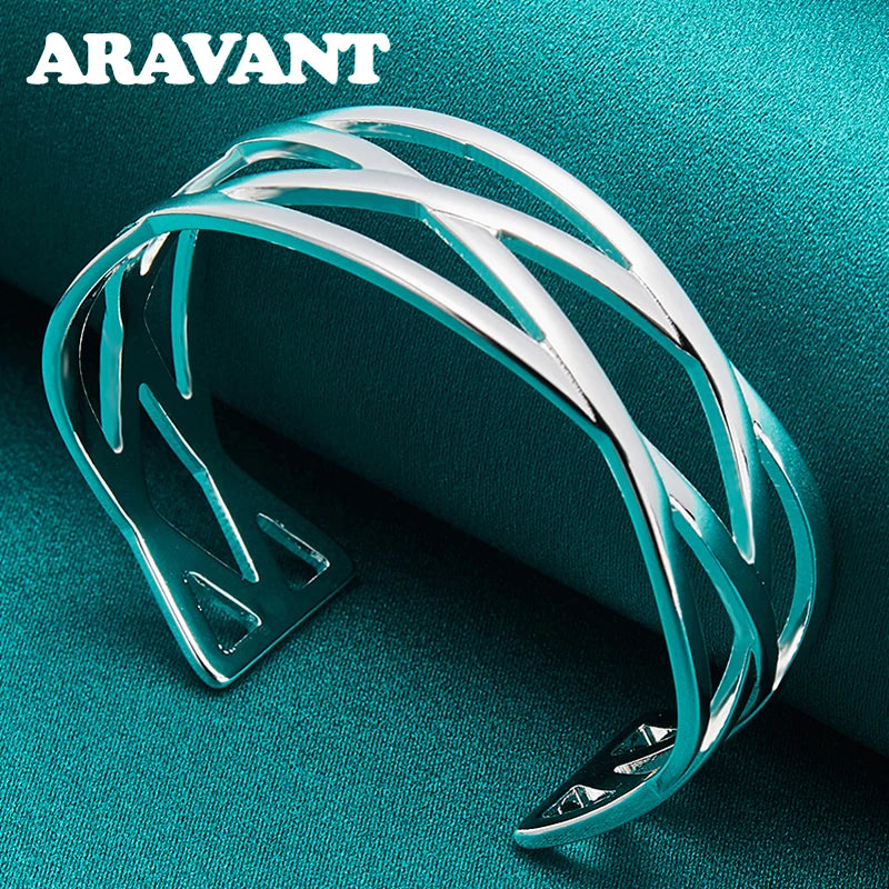 925 Silver Big Cuff Bracelet Bangle Women Jewelry