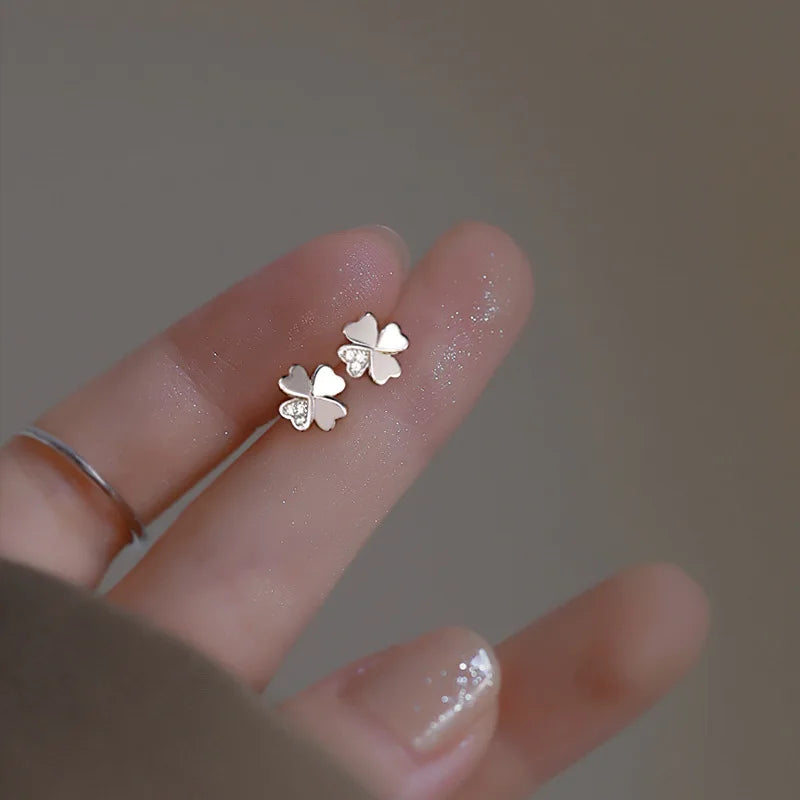 925 Silver Clover Zircon Stud Earrings for Women