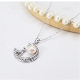 925 Silver Moon Cat Pearl Pendant Clavicle Chain Necklace