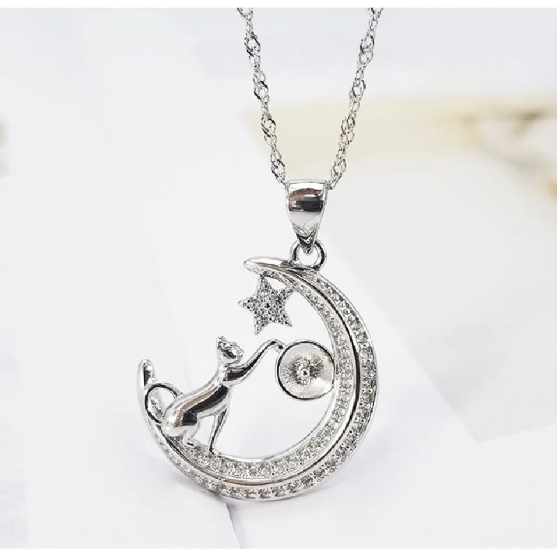 925 Silver Moon Cat Pearl Pendant Clavicle Chain Necklace
