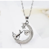 925 Silver Moon Cat Pearl Pendant Clavicle Chain Necklace
