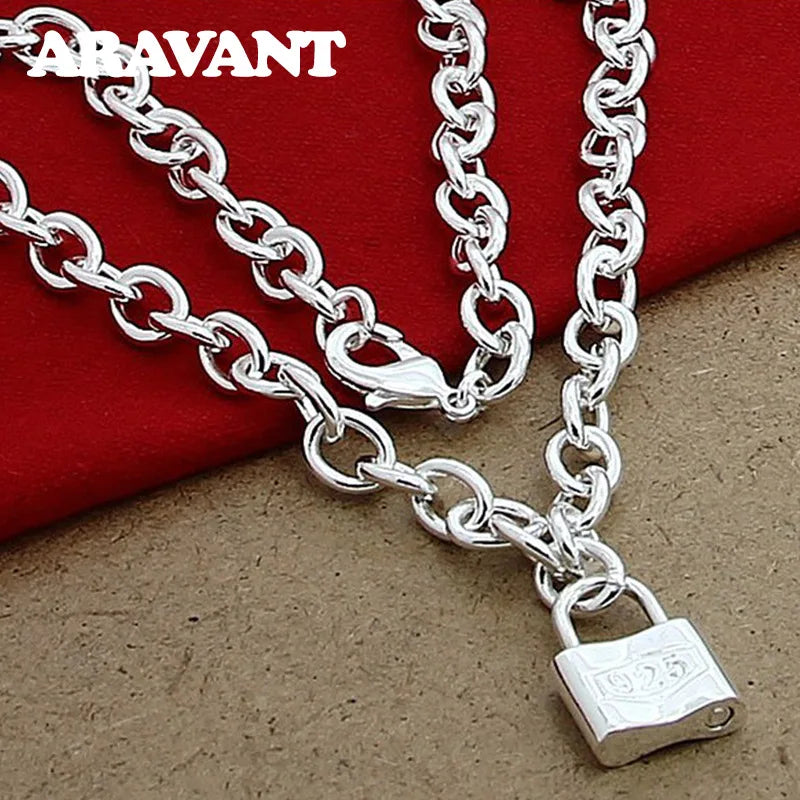 925 Silver Square Lock Pendant Necklaces Chain Women Men Charms Choker Necklace
