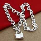 925 Silver Square Lock Pendant Necklaces Chain Women Men Charms Choker Necklace