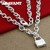 925 Silver Square Lock Pendant Necklaces Chain Women Men Charms Choker Necklace