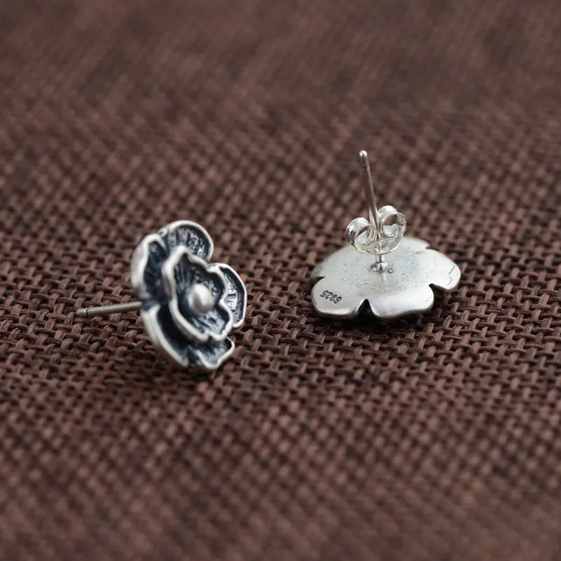 925 Silver Stud Earrings Clover Flower S925 Sterling Silver Vintage