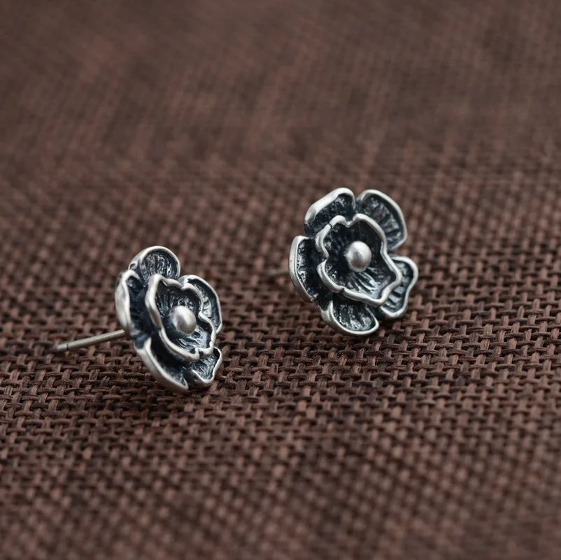 925 Silver Stud Earrings Clover Flower S925 Sterling Silver Vintage