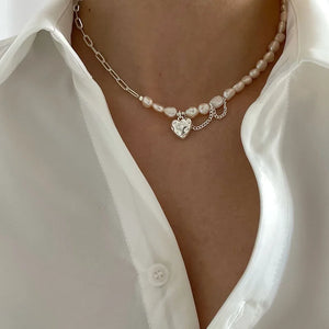 925 Silver Pearl Love Necklace Heavy Chain Tassel Asymmetric Clavicle Chai