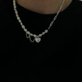 925 Silver Pearl Love Necklace Heavy Chain Tassel Asymmetric Clavicle Chai