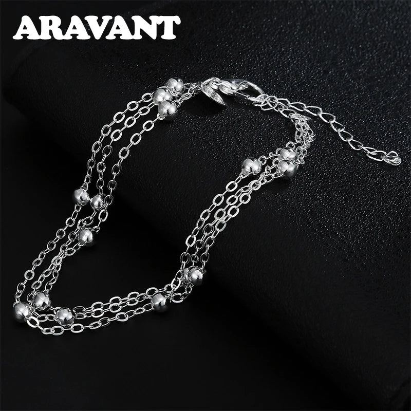 925 Silver Three Layer Beads Chain Bracelet Wedding Jewelry