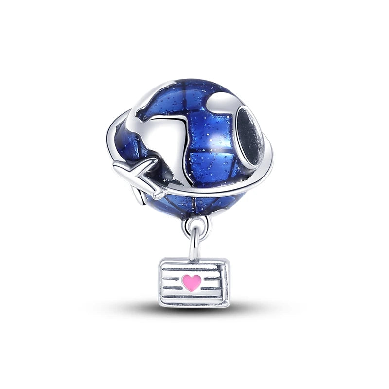 925 Silver Travel Charms Passport Plane Beads for Bracelet DIY Jewelry Gift
