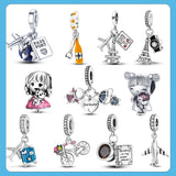 925 Silver Travel Charms Passport Plane Beads for Bracelet DIY Jewelry Gift