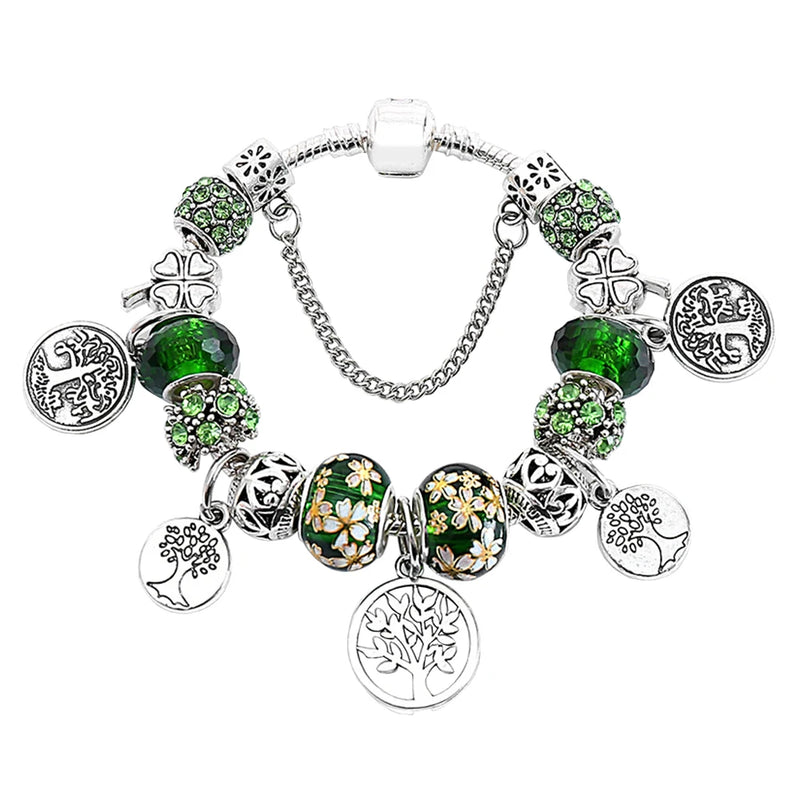 925 Silver Tree of Life Crystal Glass Bead Bracelet with Safety Chain