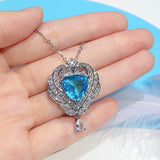 925 Silver Aquamarine Angel Wing Pendant Necklace For Women