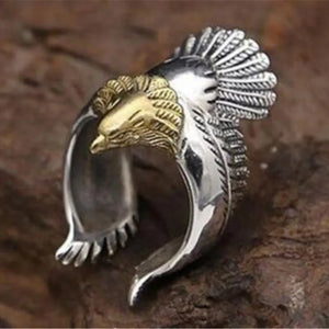 925 Silver Golden Eagle Head Open Ring for Men Rock Punk Animal Jewelry