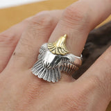 925 Silver Golden Eagle Head Open Ring for Men Rock Punk Animal Jewelry